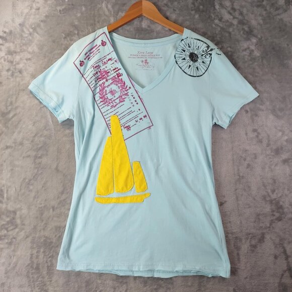 Pussers Women XL Turquoise Blue Royal Navy Traditional Cotton vintage vneck Top - Picture 1 of 12